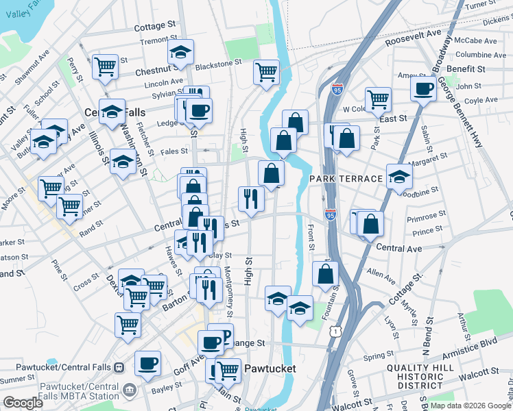map of restaurants, bars, coffee shops, grocery stores, and more near 27 Cross Street in Central Falls