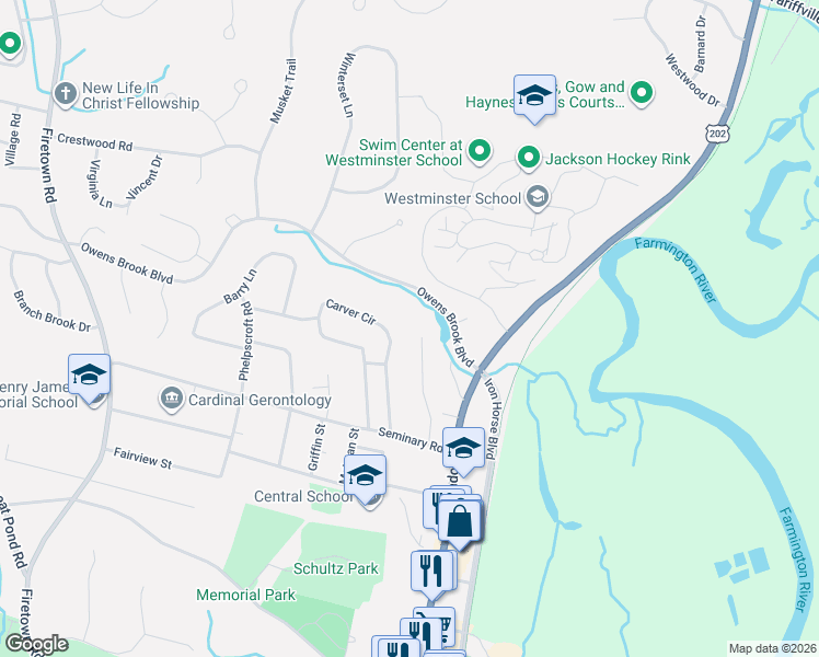 map of restaurants, bars, coffee shops, grocery stores, and more near 30 Oxford Court in Simsbury