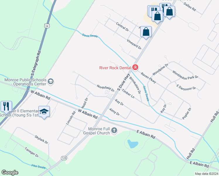 map of restaurants, bars, coffee shops, grocery stores, and more near 5041 Northfield Drive in Monroe