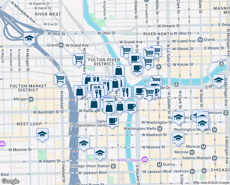 map of restaurants, bars, coffee shops, grocery stores, and more near in Chicago
