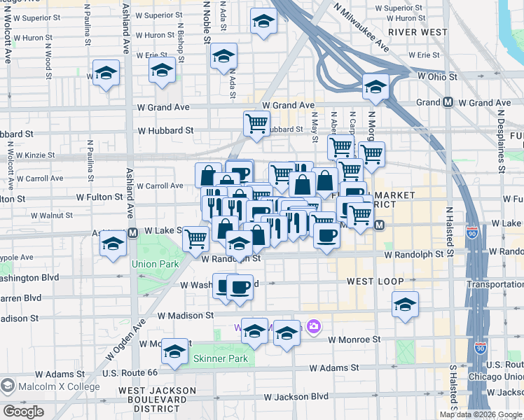 map of restaurants, bars, coffee shops, grocery stores, and more near in Chicago