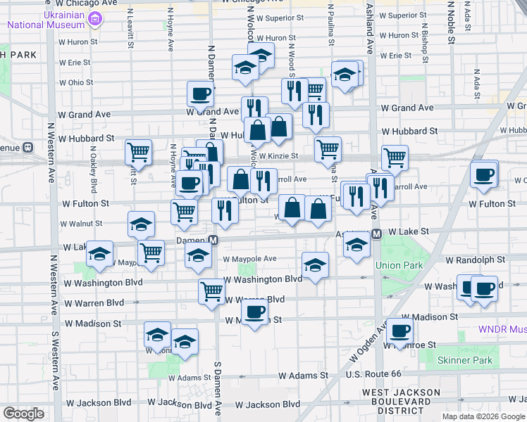 map of restaurants, bars, coffee shops, grocery stores, and more near 1843 West Walnut Street in Chicago