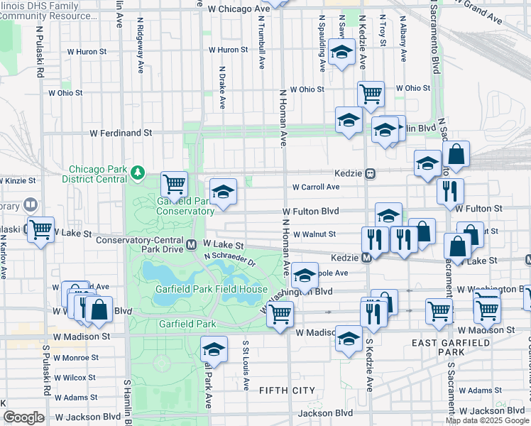 map of restaurants, bars, coffee shops, grocery stores, and more near 3435 West Fulton Boulevard in Chicago