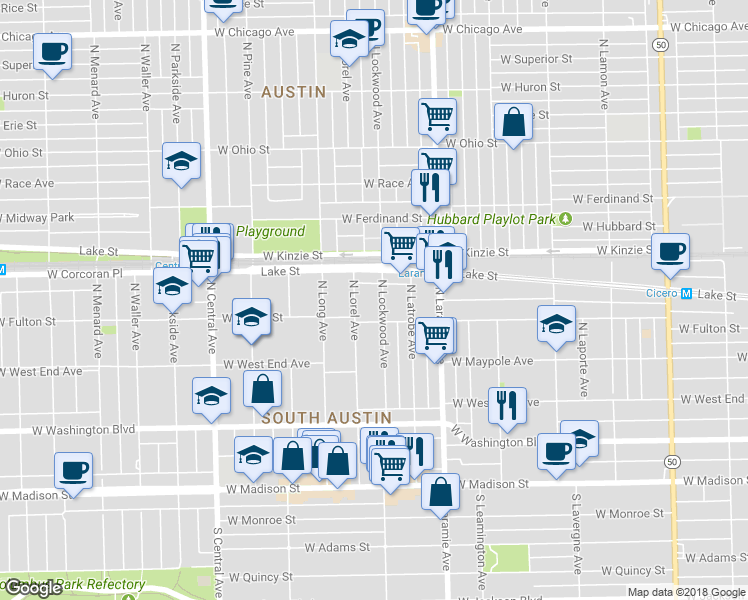 map of restaurants, bars, coffee shops, grocery stores, and more near 311 North Lockwood Avenue in Chicago