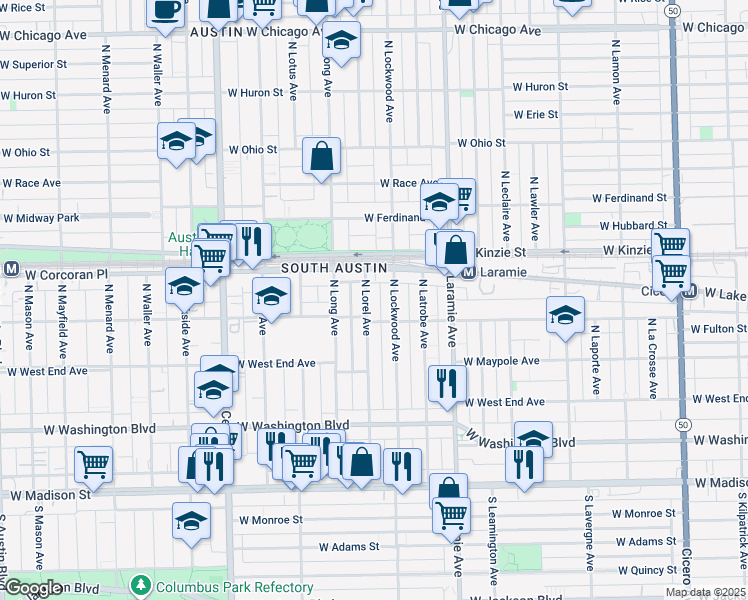 map of restaurants, bars, coffee shops, grocery stores, and more near 314 North Lorel Avenue in Chicago