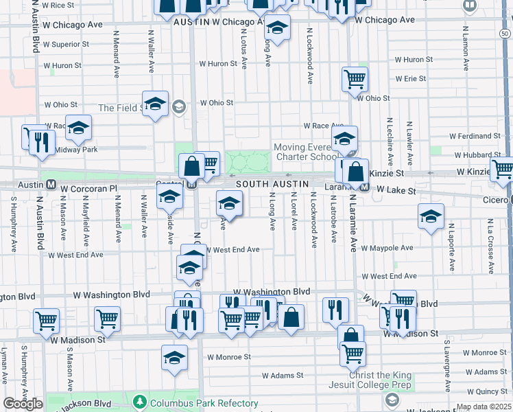 map of restaurants, bars, coffee shops, grocery stores, and more near 306 North Lotus Avenue in Chicago