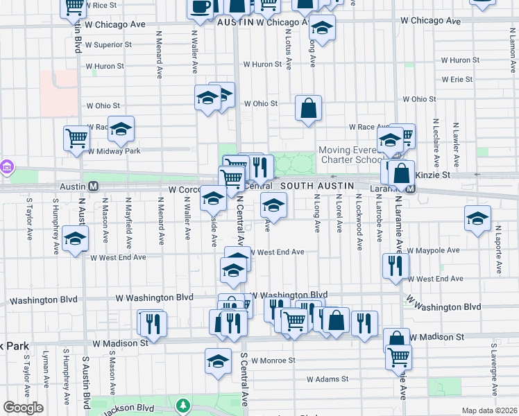 map of restaurants, bars, coffee shops, grocery stores, and more near 302 North Pine Avenue in Chicago