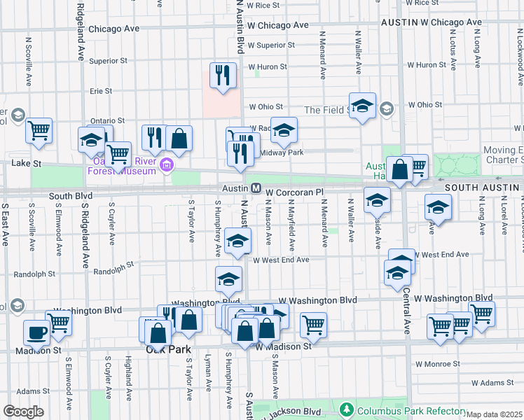 map of restaurants, bars, coffee shops, grocery stores, and more near 312 North Mason Avenue in Chicago