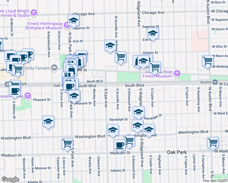 map of restaurants, bars, coffee shops, grocery stores, and more near 122 South East Avenue in Oak Park