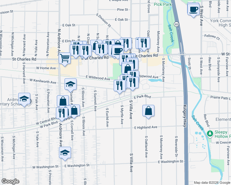 map of restaurants, bars, coffee shops, grocery stores, and more near 201 South Euclid Avenue in Villa Park