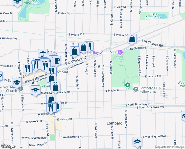 map of restaurants, bars, coffee shops, grocery stores, and more near 153 South Stewart Avenue in Lombard