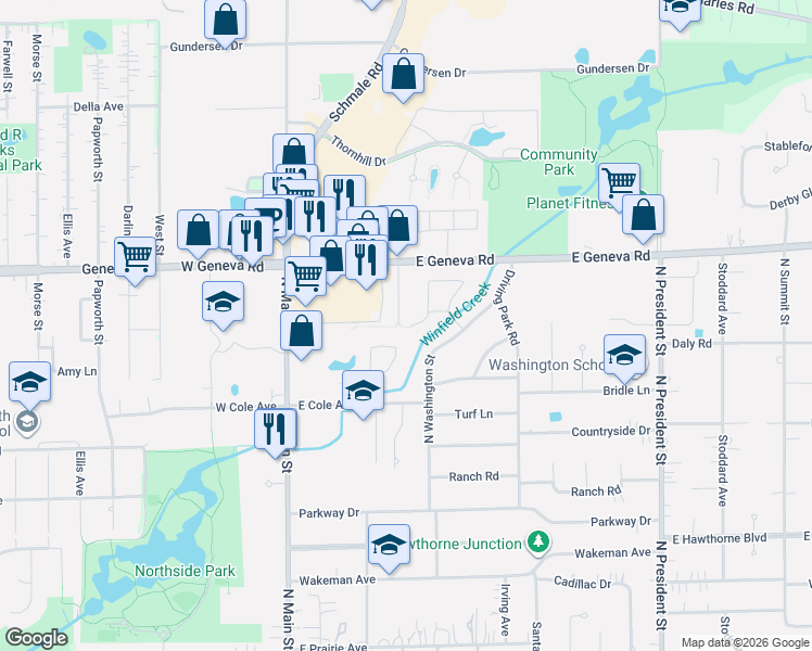 map of restaurants, bars, coffee shops, grocery stores, and more near 321 Brookside Circle in Wheaton
