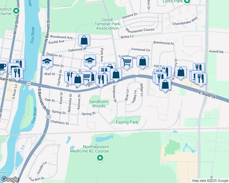 map of restaurants, bars, coffee shops, grocery stores, and more near 15 Simpson Street in Geneva