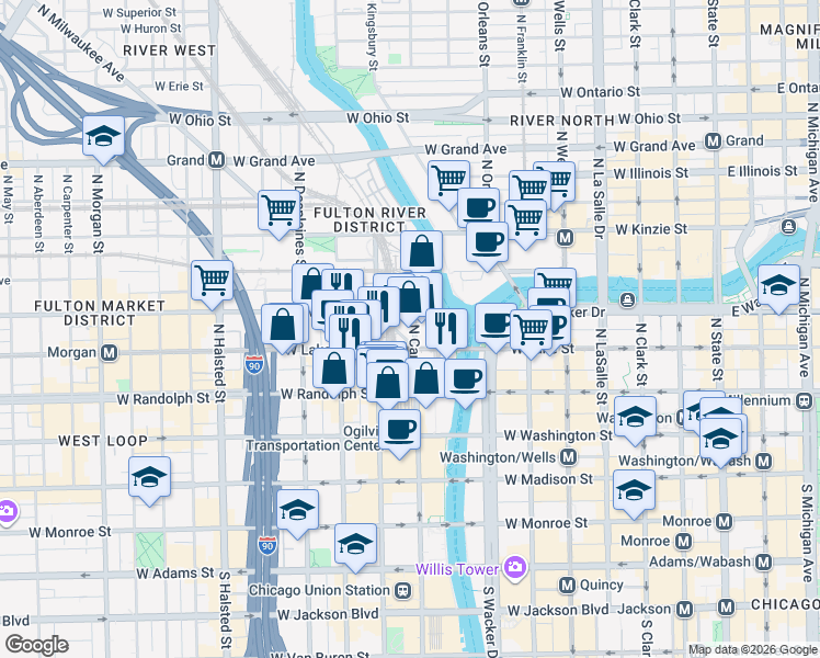 map of restaurants, bars, coffee shops, grocery stores, and more near in Chicago