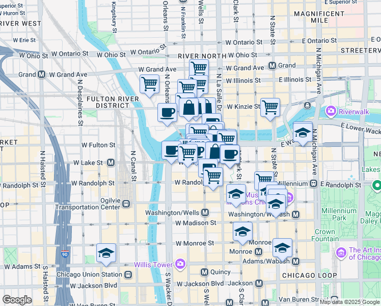 map of restaurants, bars, coffee shops, grocery stores, and more near 225 West Wacker Drive in Chicago