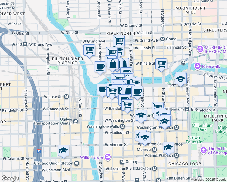 map of restaurants, bars, coffee shops, grocery stores, and more near 225 West Wacker Drive in Chicago