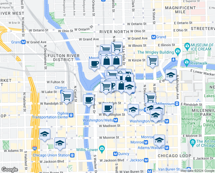 map of restaurants, bars, coffee shops, grocery stores, and more near 225 West Upper Wacker Drive in Chicago