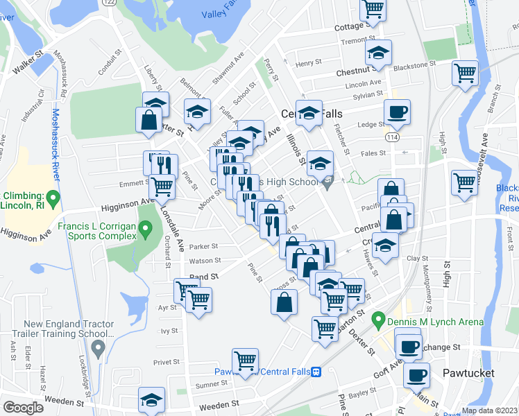 map of restaurants, bars, coffee shops, grocery stores, and more near 129 Garfield Street in Central Falls