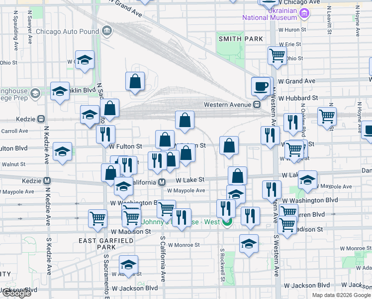 map of restaurants, bars, coffee shops, grocery stores, and more near 2701 West Fulton Street in Chicago