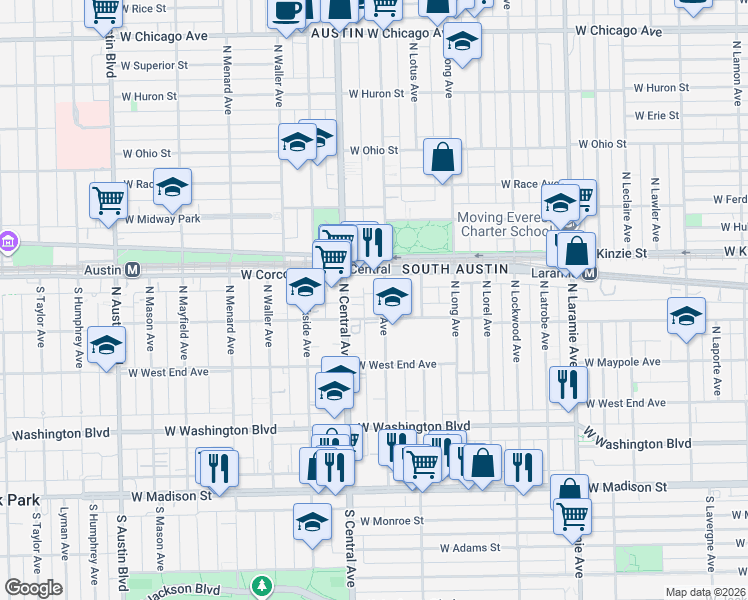 map of restaurants, bars, coffee shops, grocery stores, and more near 302 North Pine Avenue in Chicago