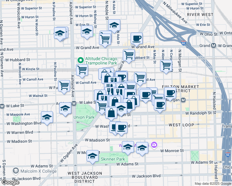 map of restaurants, bars, coffee shops, grocery stores, and more near 1370 West Lake Street in Chicago