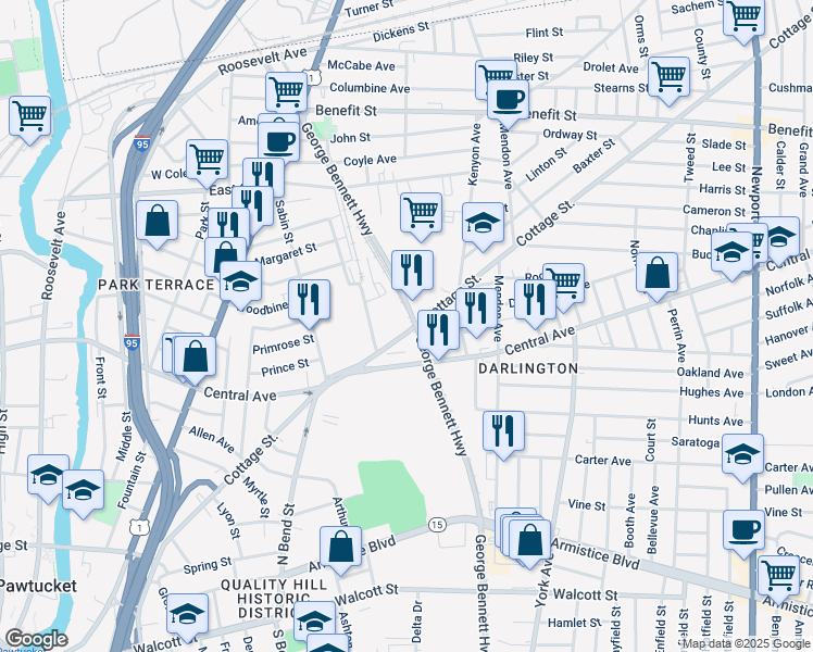 map of restaurants, bars, coffee shops, grocery stores, and more near 340 Cottage Street in Pawtucket