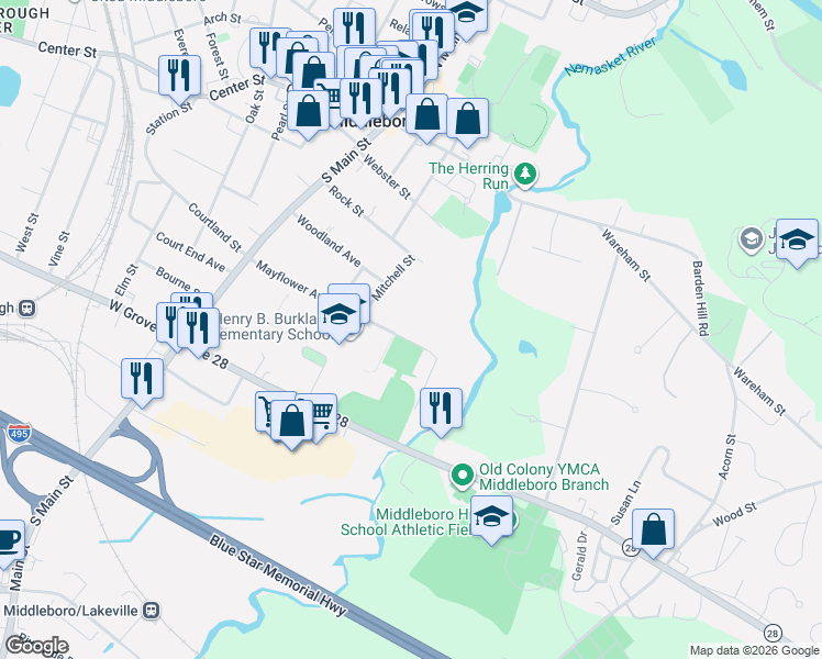 map of restaurants, bars, coffee shops, grocery stores, and more near 66 Mayflower Avenue in Middleborough