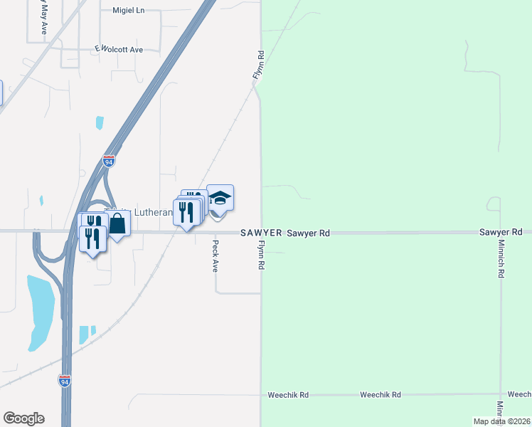map of restaurants, bars, coffee shops, grocery stores, and more near 5659 Sawyer Road in Sawyer