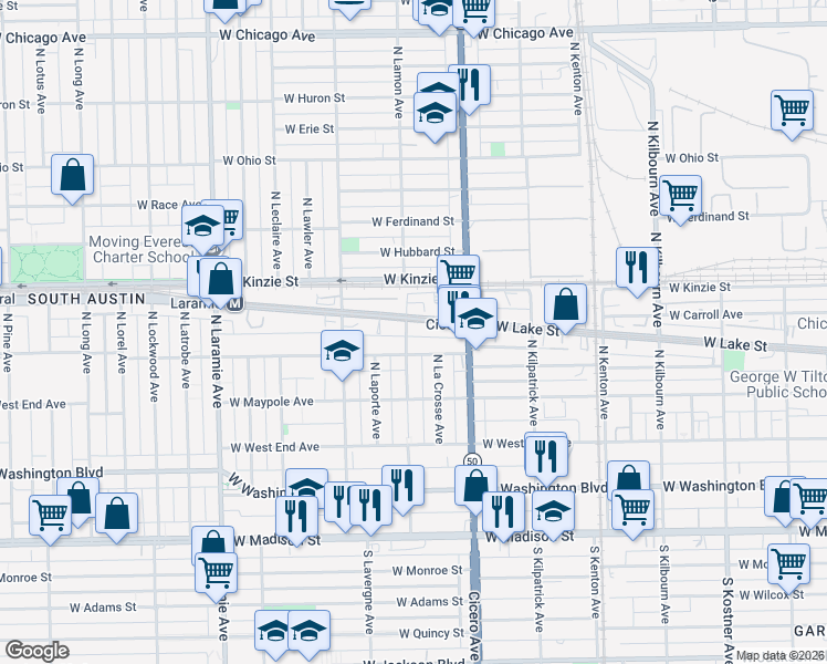 map of restaurants, bars, coffee shops, grocery stores, and more near 317 North Lamon Avenue in Chicago