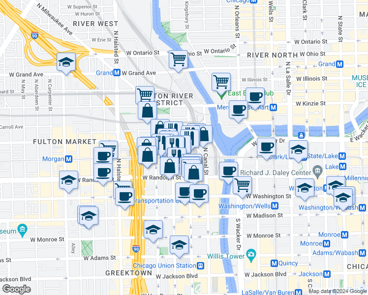 map of restaurants, bars, coffee shops, grocery stores, and more near in Chicago