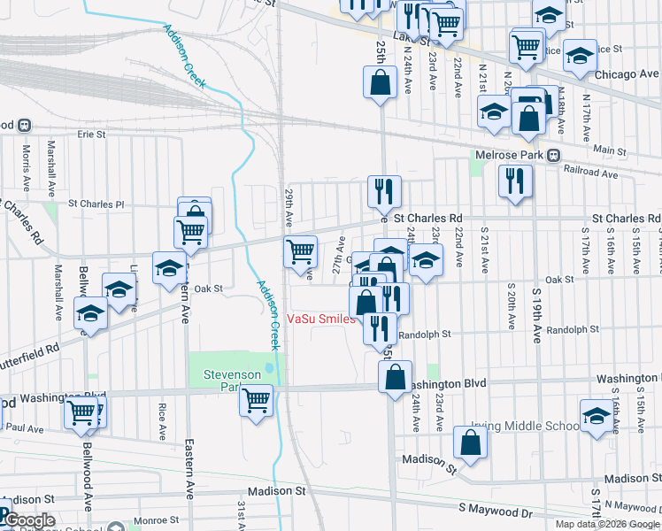 map of restaurants, bars, coffee shops, grocery stores, and more near 328 27th Avenue in Bellwood