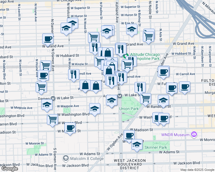 map of restaurants, bars, coffee shops, grocery stores, and more near 1641 West Walnut Street in Chicago