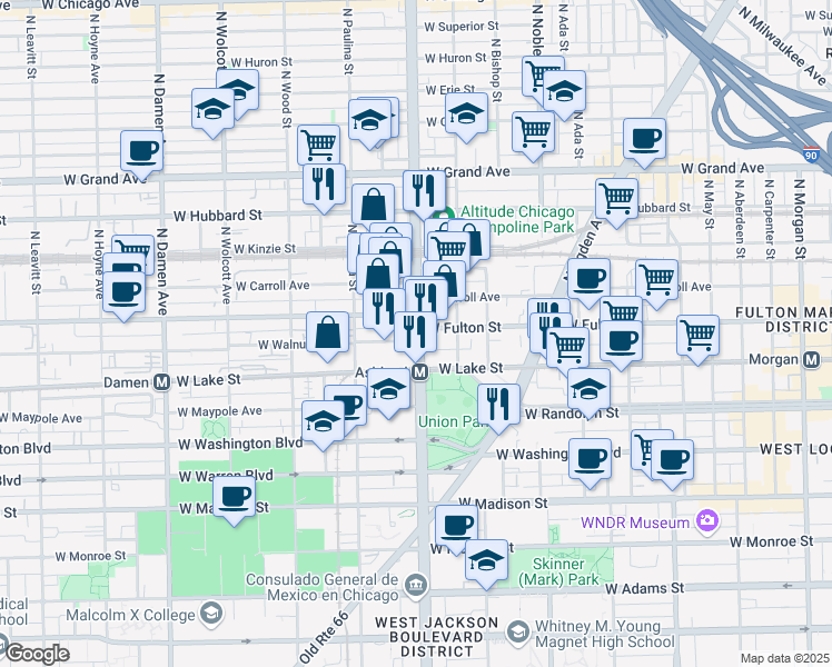 map of restaurants, bars, coffee shops, grocery stores, and more near 240 North Ashland Avenue in Chicago