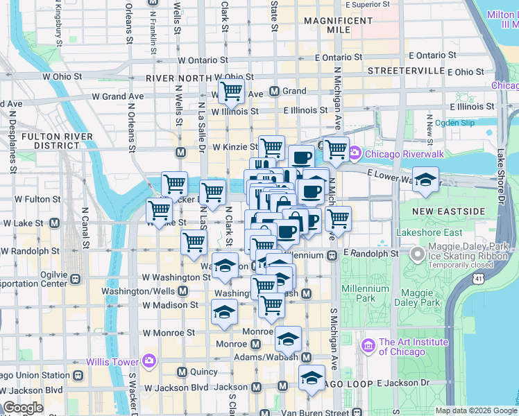 map of restaurants, bars, coffee shops, grocery stores, and more near 35 West Wacker Drive in Chicago