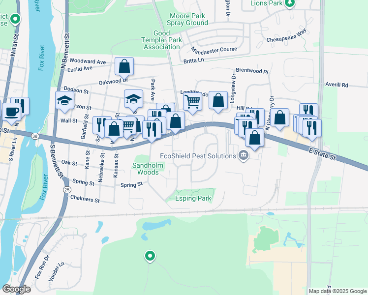 map of restaurants, bars, coffee shops, grocery stores, and more near 7 Simpson Street in Geneva