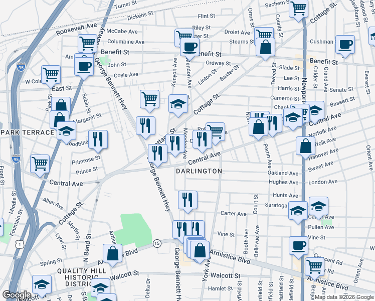 map of restaurants, bars, coffee shops, grocery stores, and more near 155 Mendon Avenue in Pawtucket