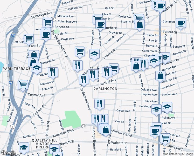 map of restaurants, bars, coffee shops, grocery stores, and more near 155 Mendon Avenue in Pawtucket