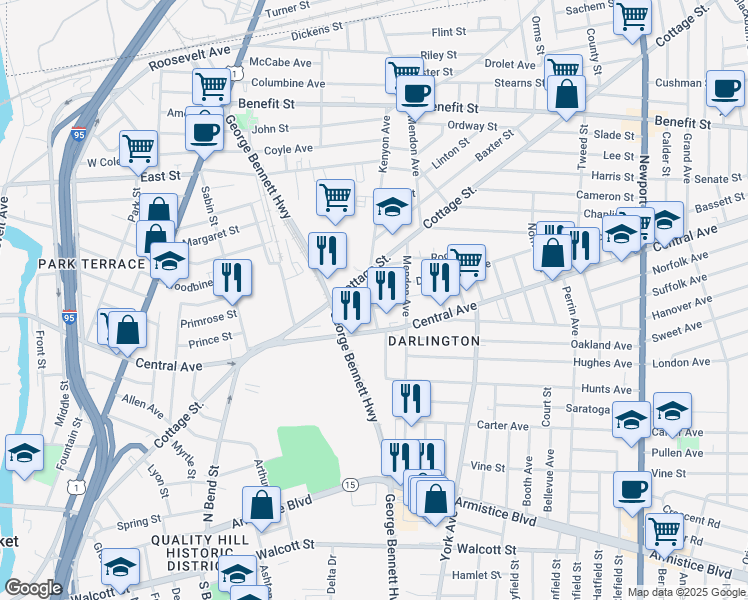 map of restaurants, bars, coffee shops, grocery stores, and more near 15 Kenyon Avenue in Pawtucket