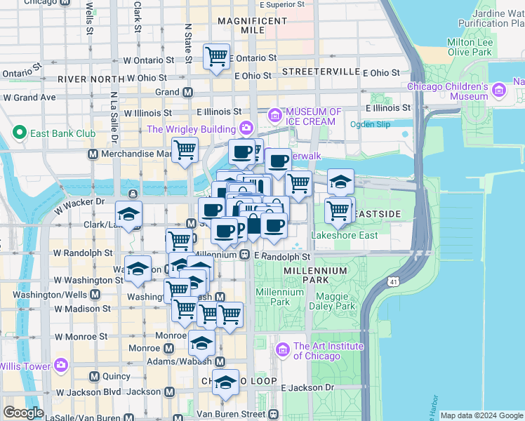 map of restaurants, bars, coffee shops, grocery stores, and more near 201 North Michigan Avenue in Chicago