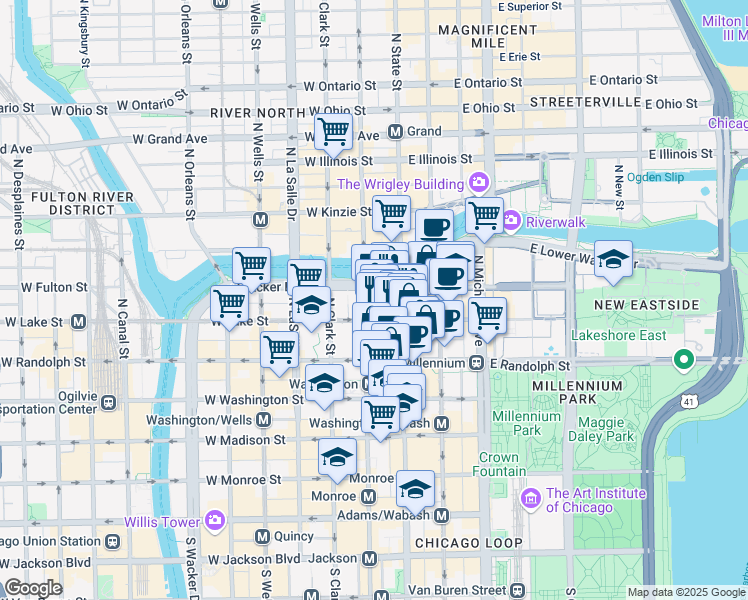 map of restaurants, bars, coffee shops, grocery stores, and more near 1 East Wacker Drive in Chicago
