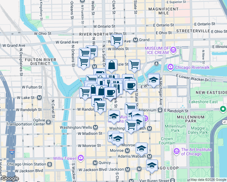 map of restaurants, bars, coffee shops, grocery stores, and more near 201 North Clark Street in Chicago