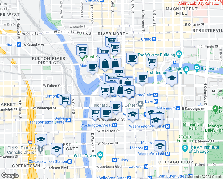 map of restaurants, bars, coffee shops, grocery stores, and more near in Chicago
