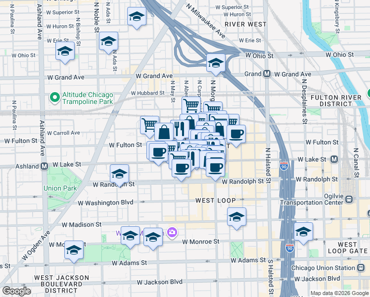 map of restaurants, bars, coffee shops, grocery stores, and more near in Chicago