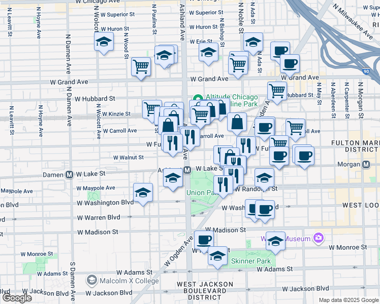 map of restaurants, bars, coffee shops, grocery stores, and more near 222 North Justine Street in Chicago