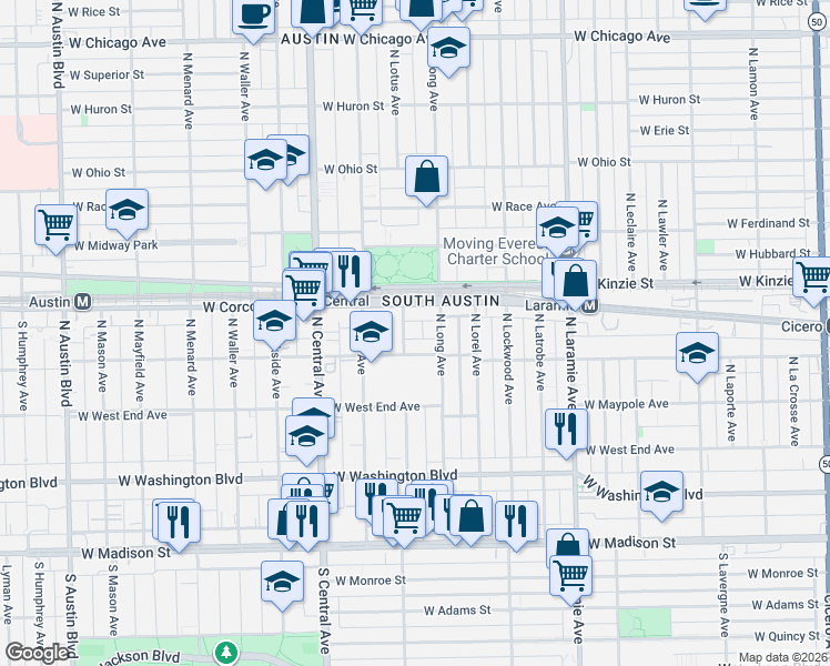 map of restaurants, bars, coffee shops, grocery stores, and more near 306 North Lotus Avenue in Chicago