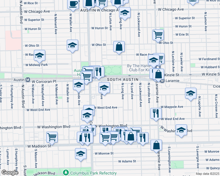 map of restaurants, bars, coffee shops, grocery stores, and more near 306 North Lotus Avenue in Chicago
