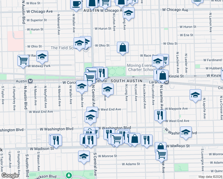 map of restaurants, bars, coffee shops, grocery stores, and more near 306 North Lotus Avenue in Chicago