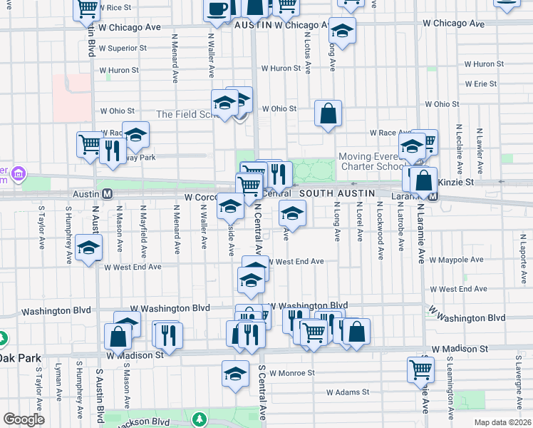 map of restaurants, bars, coffee shops, grocery stores, and more near 306 North Central Avenue in Chicago