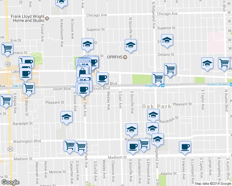 map of restaurants, bars, coffee shops, grocery stores, and more near 118 Wesley Avenue in Oak Park