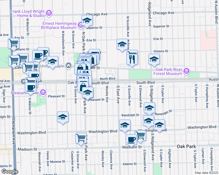 map of restaurants, bars, coffee shops, grocery stores, and more near 118 Wesley Avenue in Oak Park